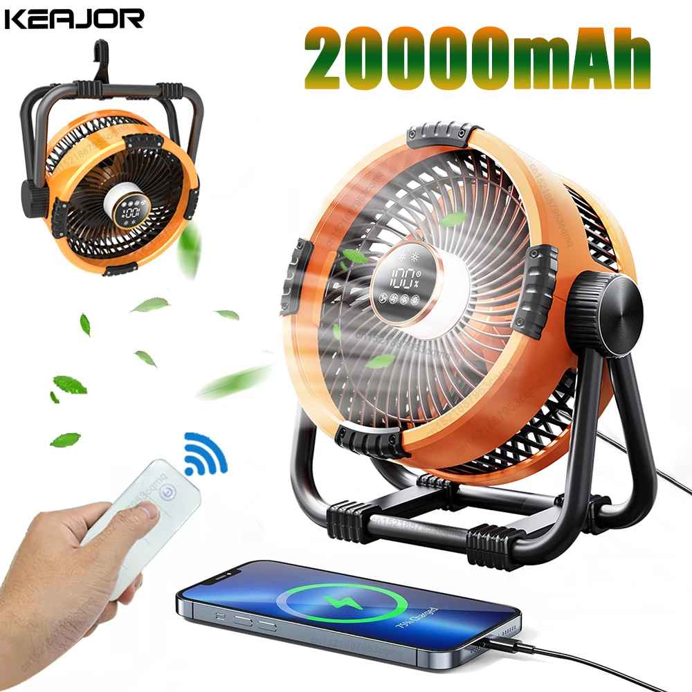 Camping Fan 20000mAh Rechargeable Portable Outdoor Camping Fan Air Circulators Wireless Tent Ceiling Fans with Hook and Light